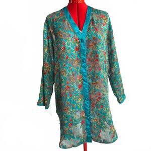 Victoria's Secret vintage blue floral sheer gold label button night gown robe